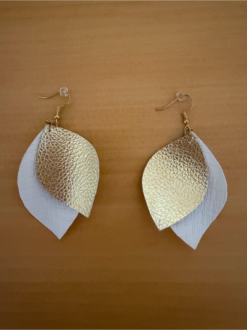 Leather Gold and White Leaf Drop Earrings